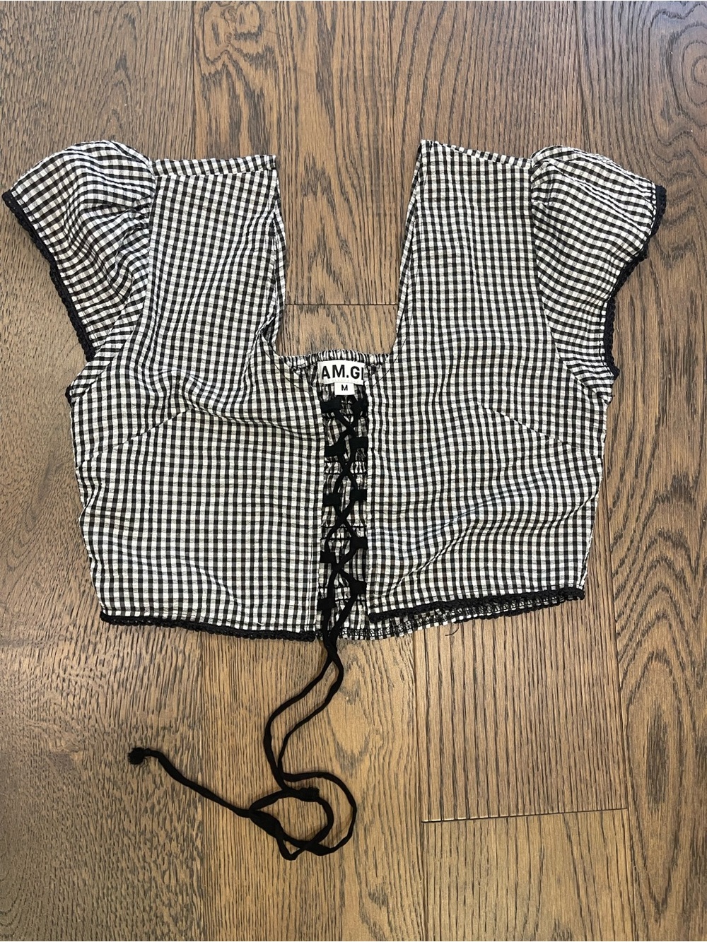 I am Gia Gingham Lace Up Top M Revolve